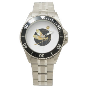 Montre libellule d'or en cercle noir