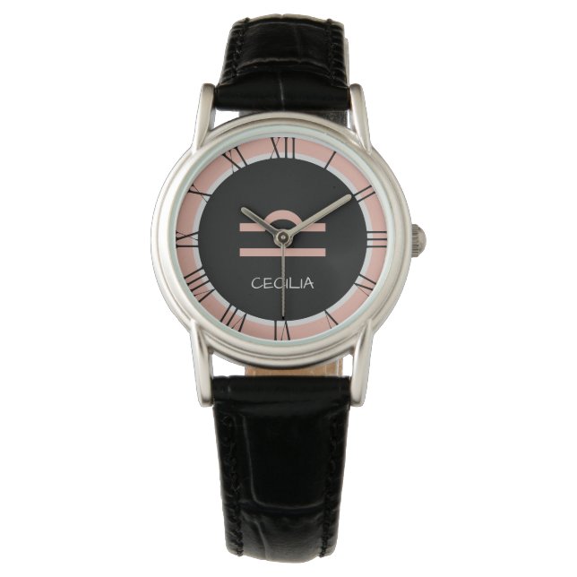 Montre Libra Zodiac Signal Rose rose noir Nom personnalis (devant)