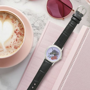 Montre Licorne noire fleurs de jardin de minuit violet