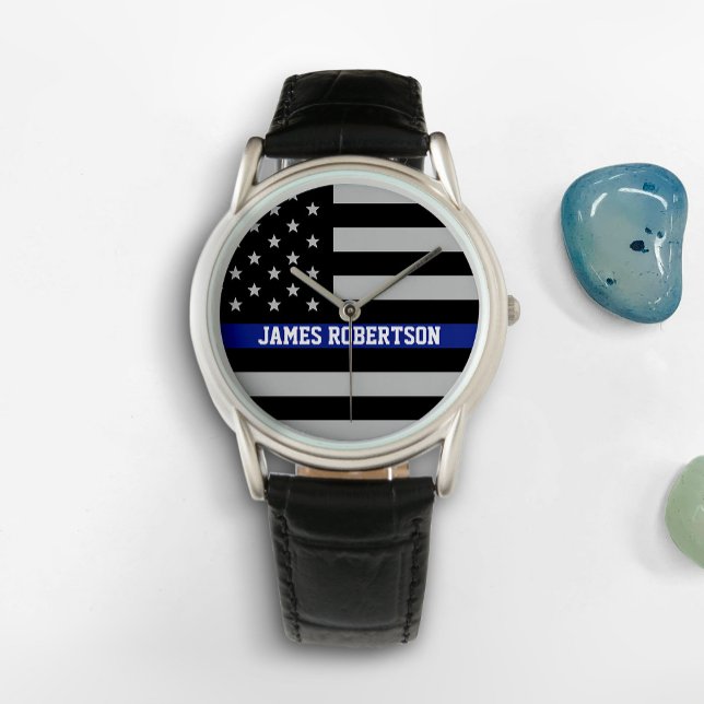 Montre Ligne Bleue Mince - Drapeau Américain Personnalisé (Créateur téléchargé)