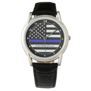 Montre Ligne Bleue Mince & Police américaine du Drapeau /