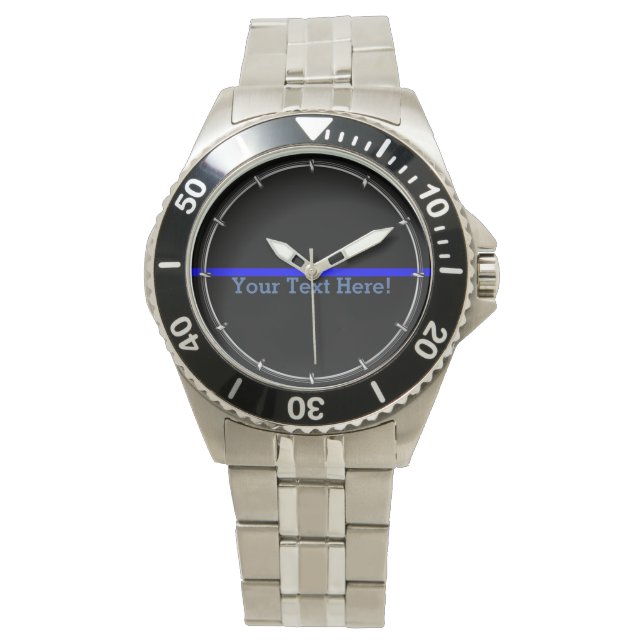 Montre Ligne Bleue Mince Symbolique Votre texte en noir (devant)