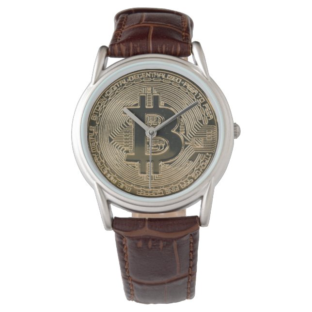 Montre Logo Digital Gold Bitcoin en cuir Brown classique (devant)