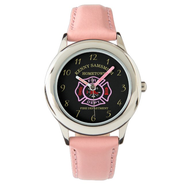 Montre Logo du service d'incendie Badge noir et rose (devant)