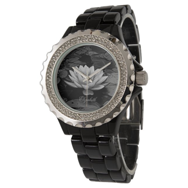 Montre Lotus Flower Gris noir et blanc (Incliné)