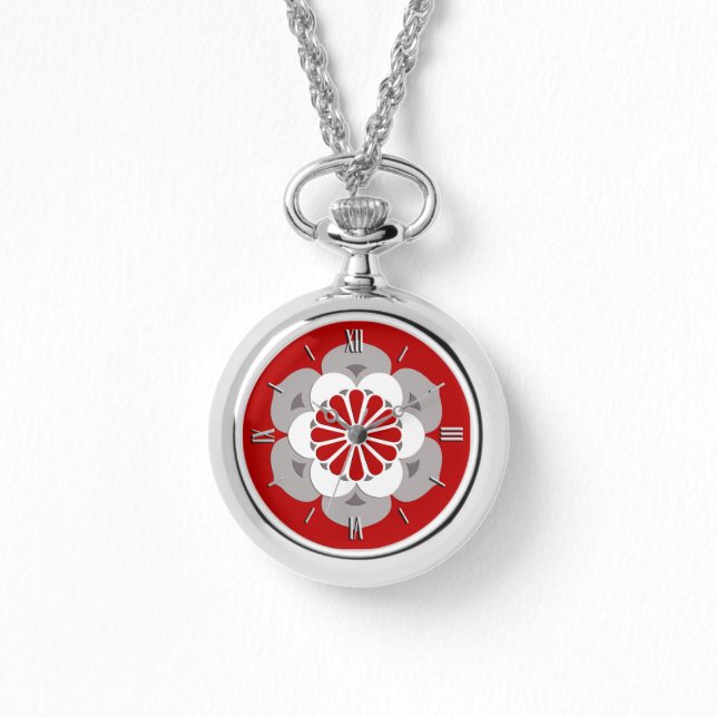 Montre Lotus Flower Mandala, rouge foncé, gris et blanc (Recto)