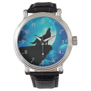 Montre Loup en silhouette hurlant à la pleine lune