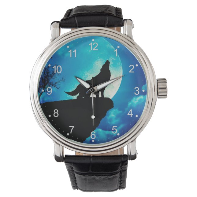 Montre Loup en silhouette hurlant à la pleine lune (devant)