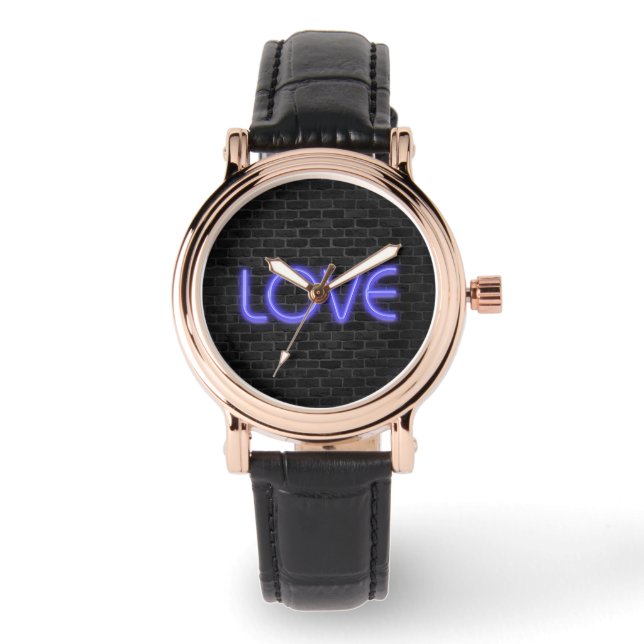 Montre LOVE texte dans l'éclairage néon sur brique (Recto)