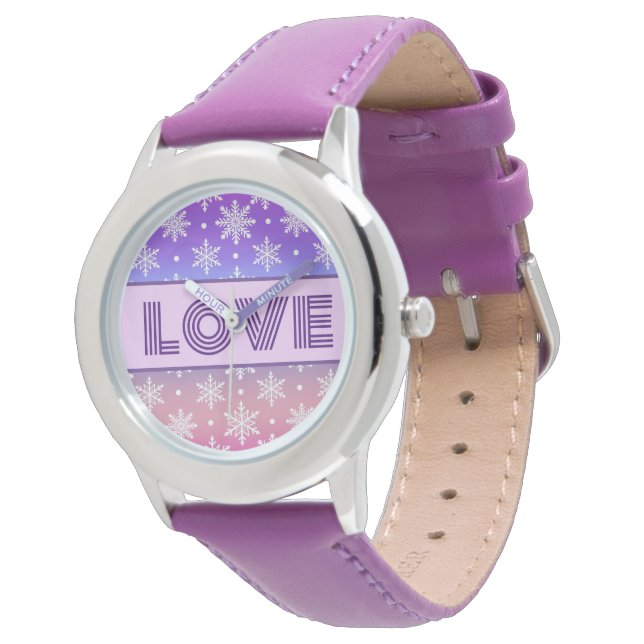 Montre LOVE Typographie Snowflakes violet (Incliné)