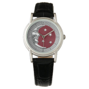 Montre Lune et étoiles Art Déco, rouge foncé et argent 