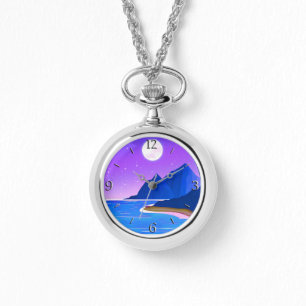 Montre Lune, Etoiles Mer et Montagnes en Violet et Bleu