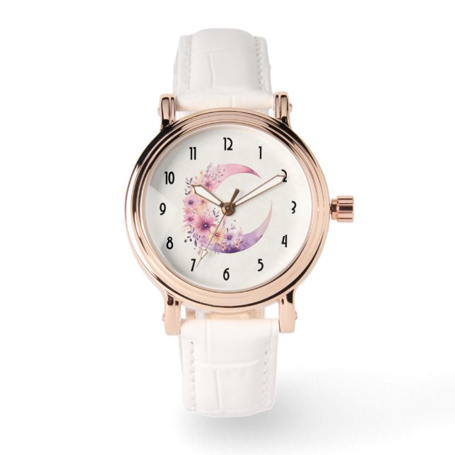 Montre Lune rose Croissant avec de jolies fleurs (Recto)