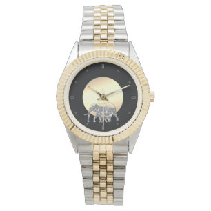 Montre Maman et bébé éléphant au soleil couchant