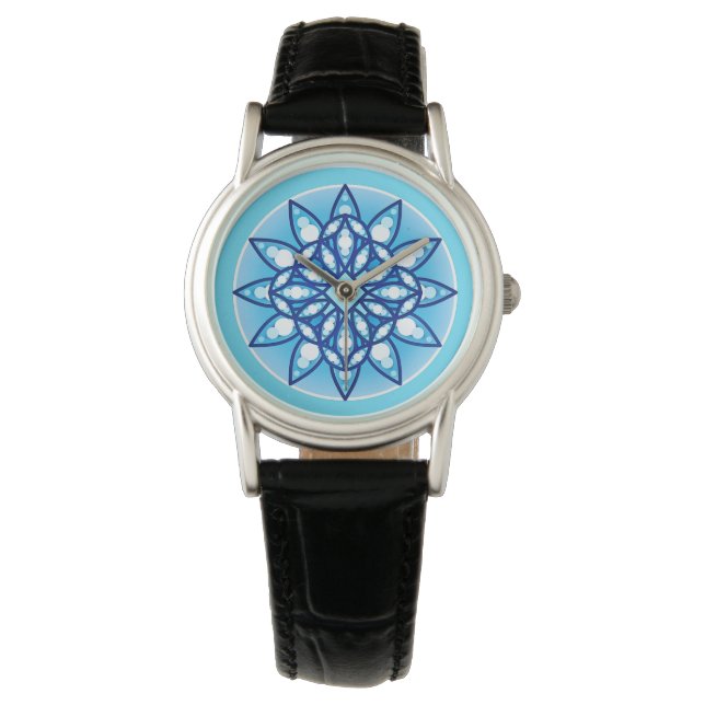 Montre Mandala motif en bleu turquoise, cobalt & blanc (devant)
