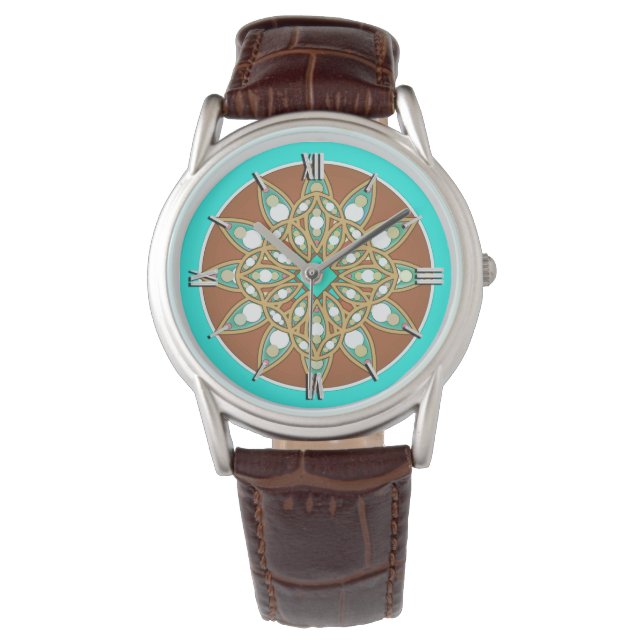Montre Mandala motif en chocolat, bronzé et turquoise (devant)