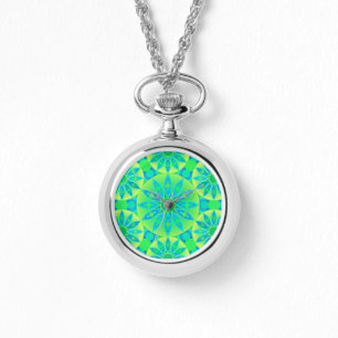 Montre Mandala motif, turquoise, bleu, vert citron
