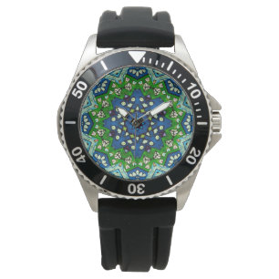 Montre Mandala Retro Mosaic Vert Motif bleu