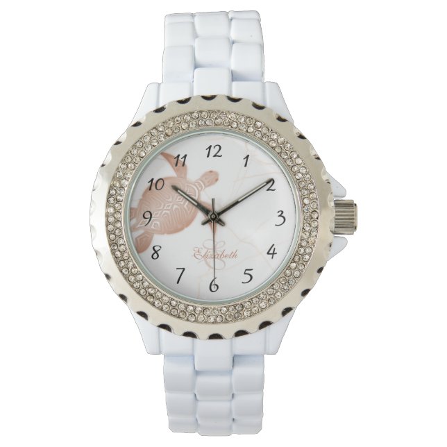 Montre Marbre blanc de tortue d'or rose Monogramme Votre  (devant)