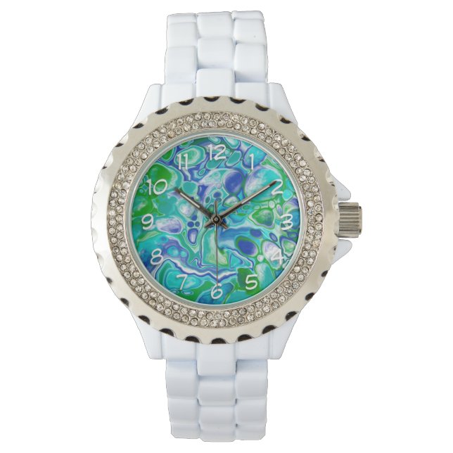 Montre Marbre bleu et vert Fluid Art Abstrait (devant)