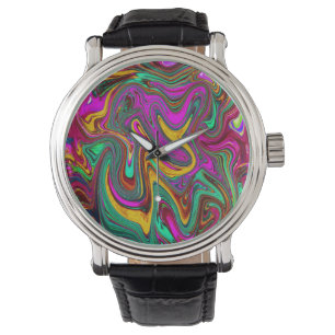 Montre Marbré rose chaud et mousse de mer vert Art Abstra