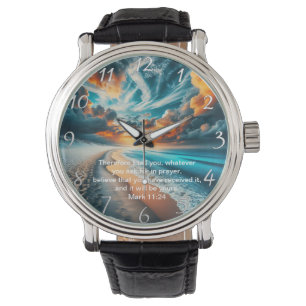 Montre Marc 11:24 Croix Coucher de soleil Océan Foi