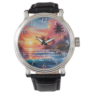 Montre Marc 11:24 Croix inspirante Coucher de soleil Océa