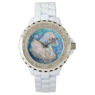 Montre Mariée de cygne avec voile sur eau bleu blanc pers