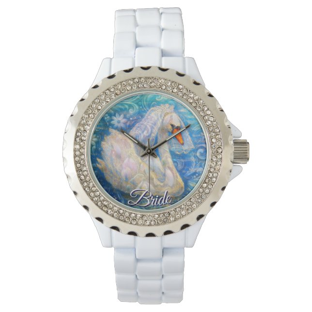 Montre Mariée de cygne avec voile sur eau bleu blanc pers (devant)