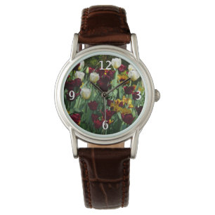 Montre Maroon et Tulipes Jaunes Florales colorées