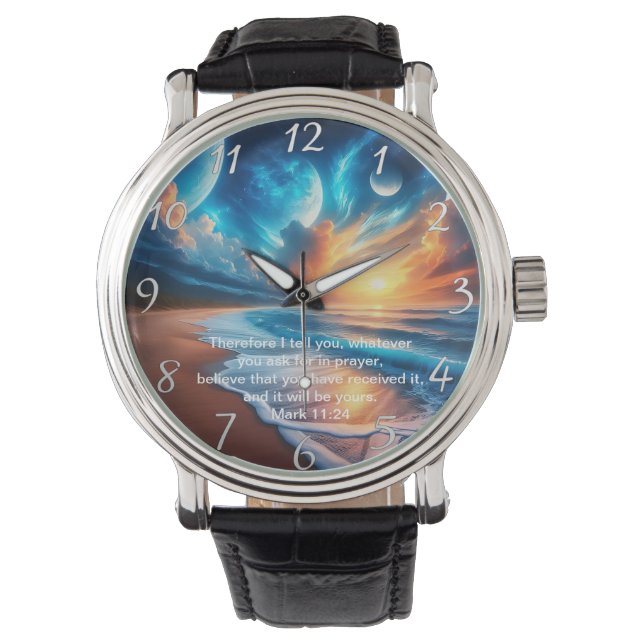 Montre Marque 11:24 Croix Coucher de soleil Océan Calme (devant)