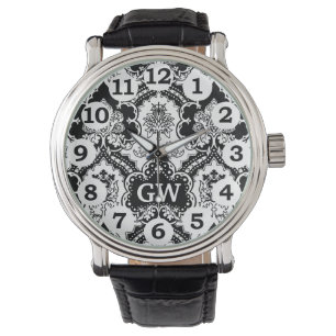 Montre Masculine classique Noir Blanc Damas Monogramme