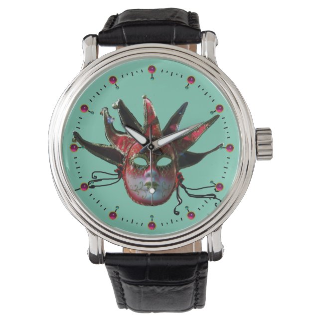 Montre MASQUE JESTER NOIR ET ROUGE, Fête Masquerade (devant)