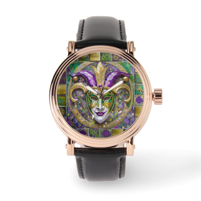 Montre Masque Mardi Gras Jester Vert Or (Recto)