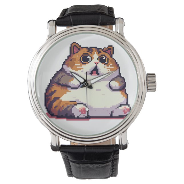 Montre Mème de chat gras orange choqué pixel art (devant)