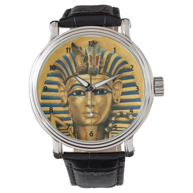 Montre Mens King Tut Égyptien Bracelet en cuir noir (devant)