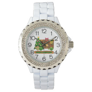 Montre Merry Christmas near fireplace bonfire xmas tree