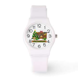 Montre Merry Christmas near fireplace bonfire xmas tree