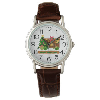 Montre Merry Christmas near fireplace bonfire xmas tree