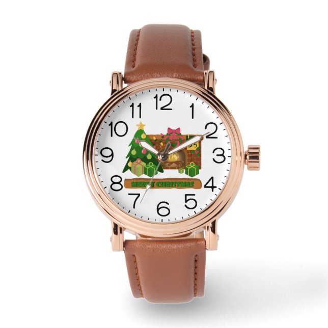 Montre Merry Christmas near fireplace bonfire xmas tree (Recto)
