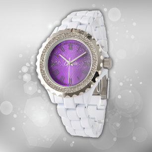 Montre Métal brossé violet moderne avec Monogramme argent