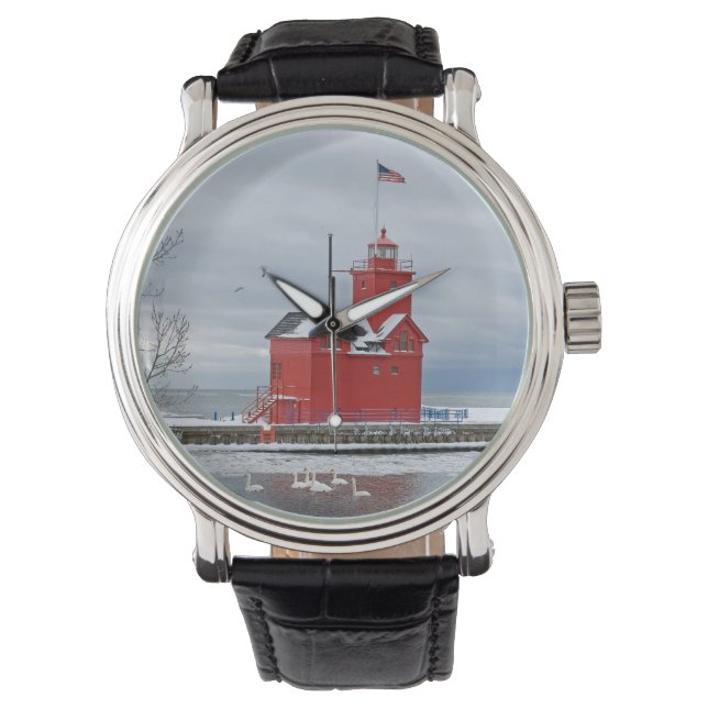 Montre Michigan Grand Phare Rouge Avec Cygnes D'Hiver (devant)