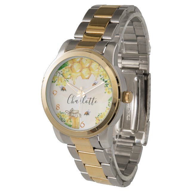 Montre Miel abeilles nid d'abeilles jaune nom monogramme  (Incliné)