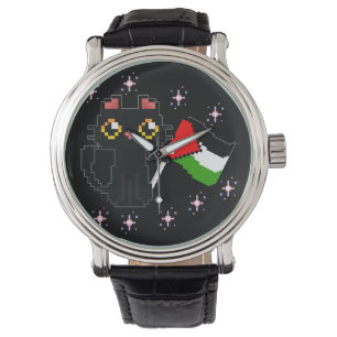 Montre mignon chat noir tient drapeau de la Palestine
