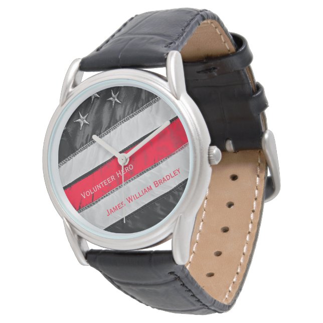 Montre Mince Red Line Drapeau Volontaire Pompier avec nom (Incliné)