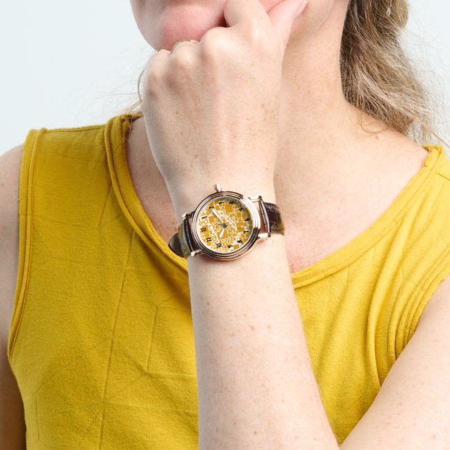 Montre Mini Carreaux jaune or et blanc (Poignet)