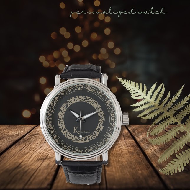 Montre Modèle Floral d'or noir personnalisé Monogramme (Personalized Black Gold Floral Pattern Monogram Watch)