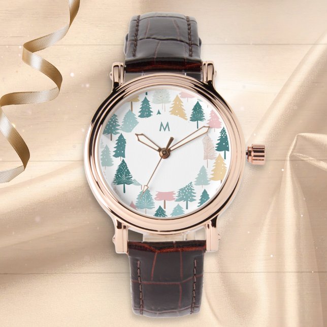 Montre Modern Scandi Christmas Tree Pattern Monogram (An elegant monogrammed wristwatch with Scandi-style modern Christmas trees pattern in pastel colors)