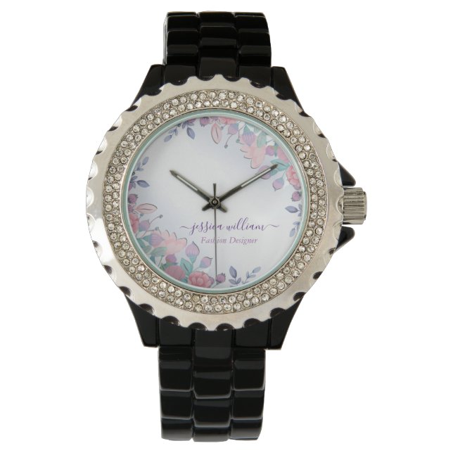 Montre Moderne Chic Aquarelle Bleu Hydrangée Florale (devant)