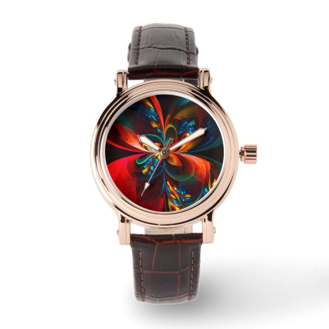 Montre Moderne Floral Abstrait Art Orange Bleu Motif #14 (Recto)